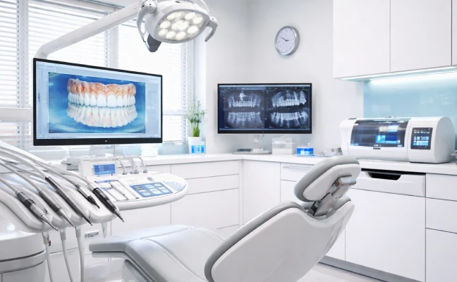 Modern dental clinic featuring advanced technology, where a dentist in Apex, NC uses digital monitors displaying 3D teeth imaging and X-rays, along with a dental chair, overhead exam light, and sterilization equipment in a clean, white treatment room.